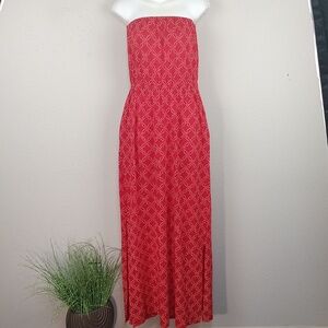 Lucky Brand Red & White Strapless Boho Maxi Dress With Pockets sz M